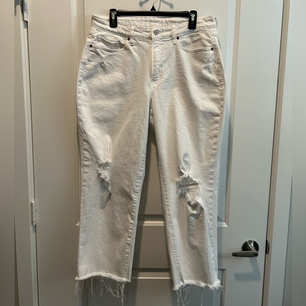 Old Navy High Rise OG Straight Secret Smooth Pockets White Distressed Size 14